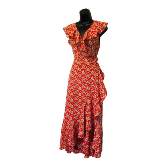 Max Studio Orange floral‎ ruffle bishop collar full wrap maxi dress size Small - Picture 2 of 13